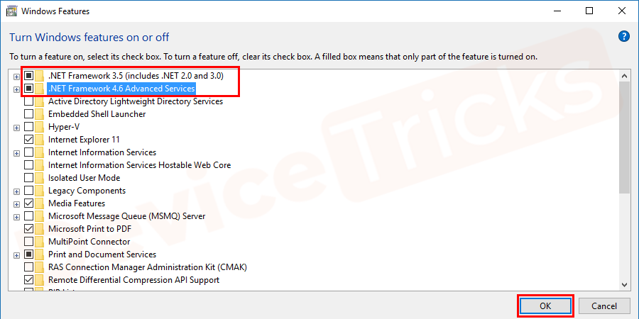 Thereafter, a pop-up window will appear and you need to click on the checkbox '.NET framework’ and then click on the ‘OK’ button.