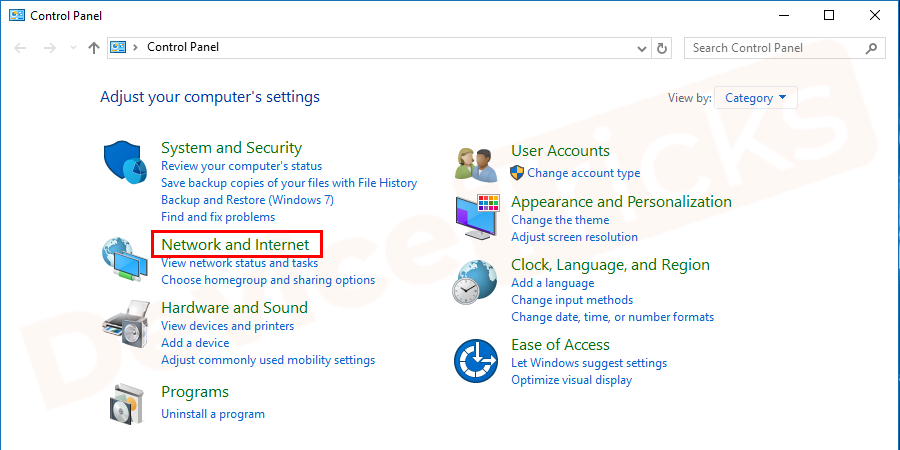 Now select ‘Network and Internet’ from the Control Panel page.