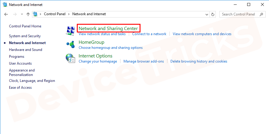 In the ‘Network and Internet’ page, you will find the ‘Network and Sharing Center’ section, click on it.
