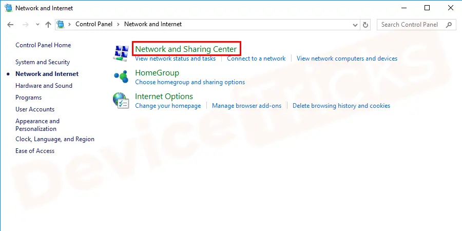 After reaching the ‘Network and Internet’ page, you will get a few options, click on the ‘Network and Sharing Center’.