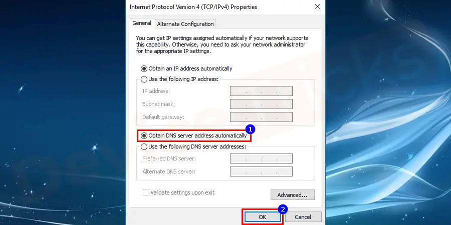 After that, a new pop-up window will open and you need to select ‘Use DNS server address automatically’ by clicking on it.