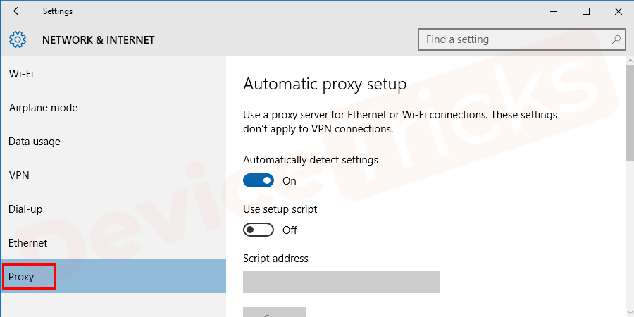 Thereafter, ‘Network and Internet’ page will appear, click on ‘Proxy’ located at the left end of the page.
