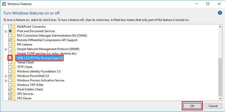 Enable SMB V1.0 to fix error code 0x80070035