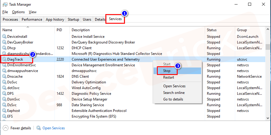 Now, navigate for DiagTrack, select the same and then right-click on it to choose the ‘Stop’ option.