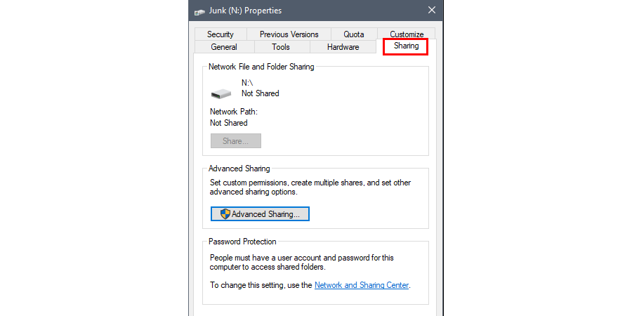 Check whether a drive is shared or not to Fix the Error code: 0x80070035