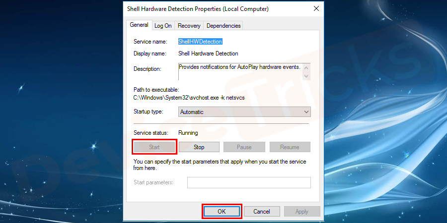In the properties page, you will get the status section, if it is turned off, then click on the ‘Start’ button and further click on the ‘OK’ button.