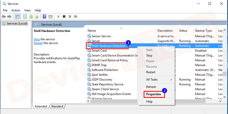 Thereafter, the services page will appear on the screen, move to the ‘Shell Hardware Detection’ section by scrolling down the page and select ‘Shell Hardware Detection’ and then right-click on it to select ‘Properties’.