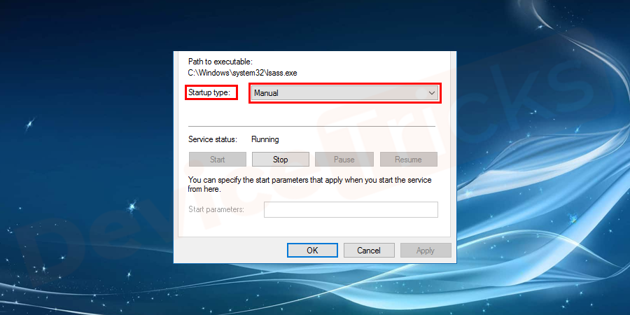 Now, move to the ‘Startup type’ section on the same window and choose ‘manual’ from the drop-down menu.