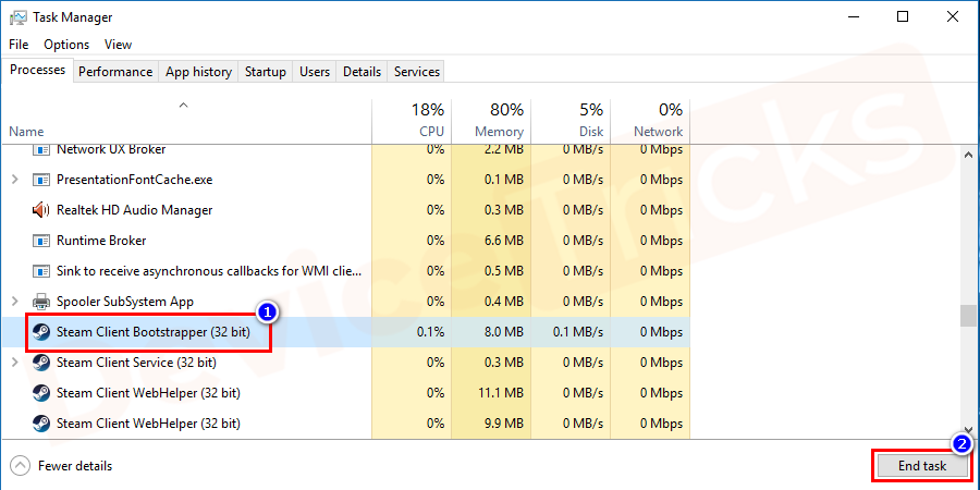 Now, navigate for the ‘Steam Client Bootstrapper’ process, select the same and then click on the ‘End Task’ button that is located at the bottom of the Window.