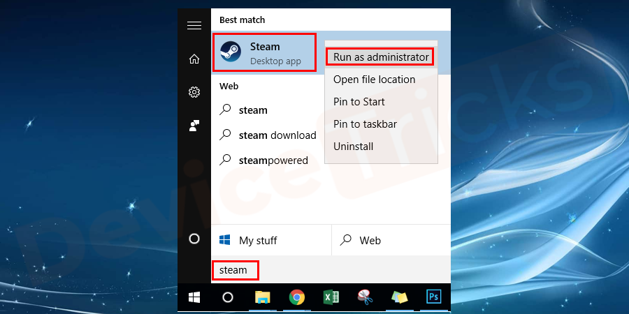 After deleting the above files, open the search box and search and run the Steam as administrator.