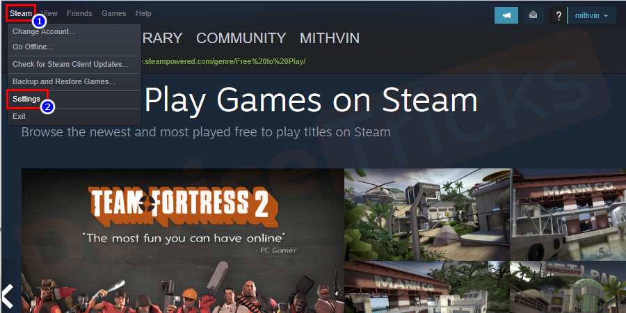 Click on the ‘Steam’ tab located at the top of the page and select ‘Settings’ from the drop-down menu.