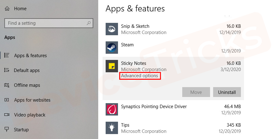 Scroll through the list to the Sticky Notes app and click on the option to expand the menu and then select Advanced options.