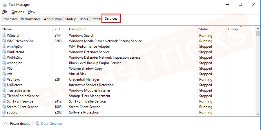 Soon, a Task Manager window will open and you need to click on the ‘Services’ tab that is located at the top-right of the page.