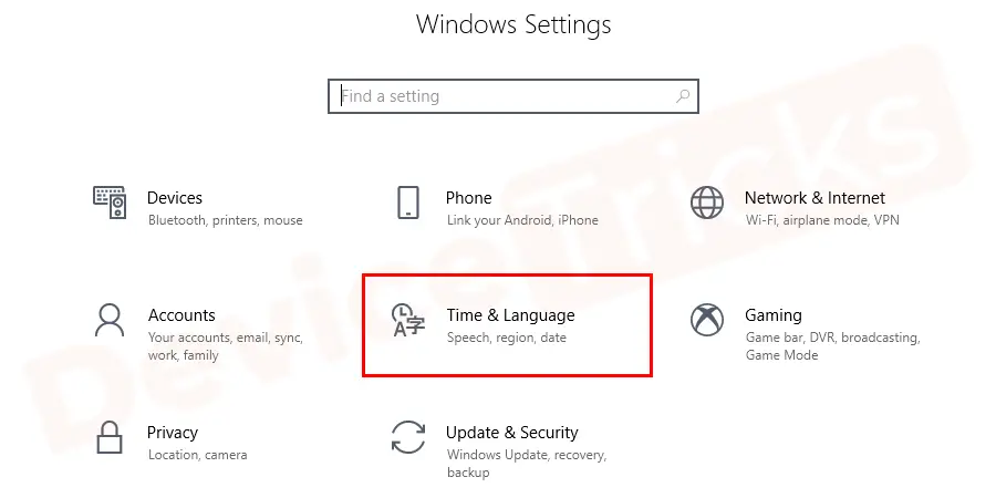 In the settings page, you will find ‘Time and Language’ section, click on it.