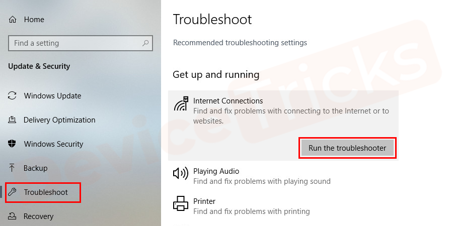 Select internet Connections and one or more network protocols are missing on this computer and then Run the troubleshooter.