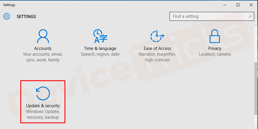 After that, a settings page will appear, click on ‘Update and Security’.