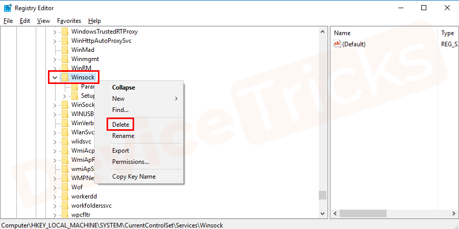 Below the services folder, you will get multiple sub-folders of registry files and your job is to find the Winsock If you get those registry files, right-click on it and then click on the ‘Delete’ icon.