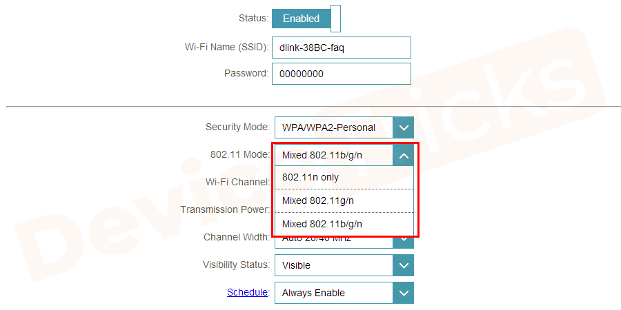 Now set your wireless router’s Mode to 802.11g.