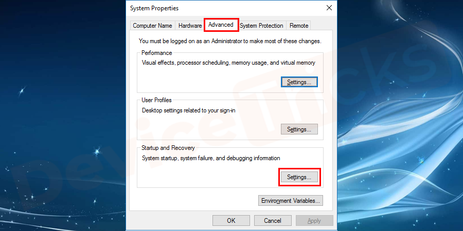 In the Advanced tab, you will find several features, move to Startup and Recovery section and click on the Settings tab that is listed beneath the section.