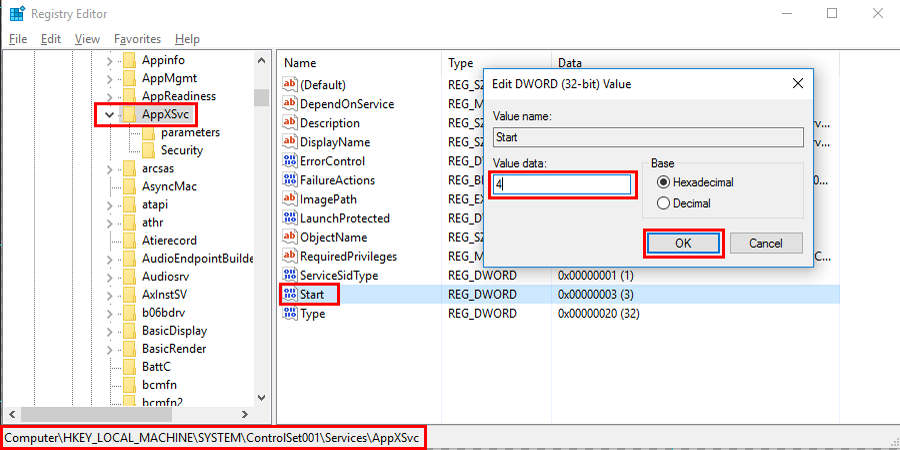 HKEY_LOCAL_MACHINE\SYSTEM\ControlSet001\Services\AppXSvc