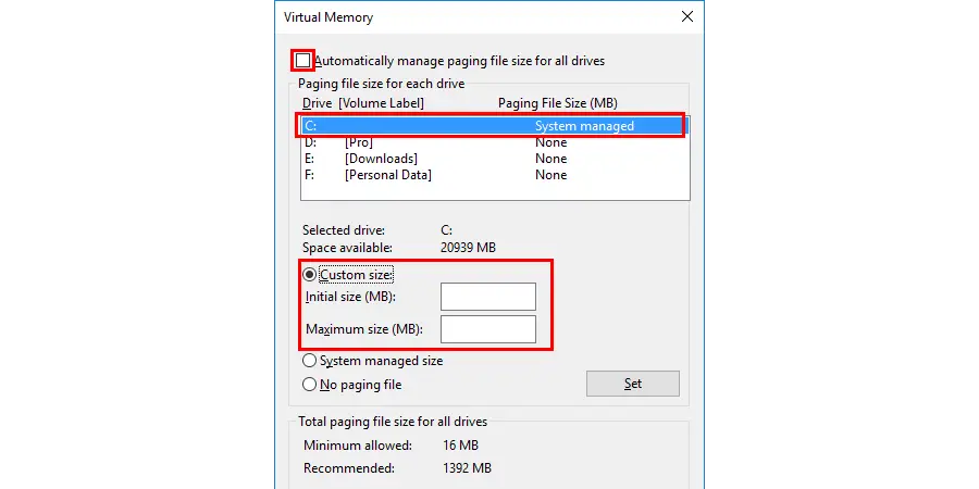 Automatically manage paging file size for all drives
