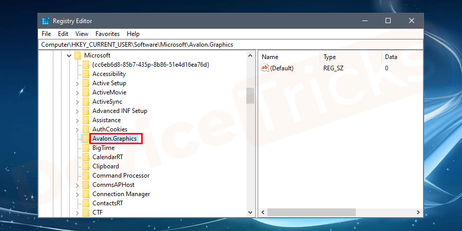 Thereafter registry window will open and here you need to navigate for HKEY_CURRENT_USER\Software\Microsoft\Avalon.Graphics