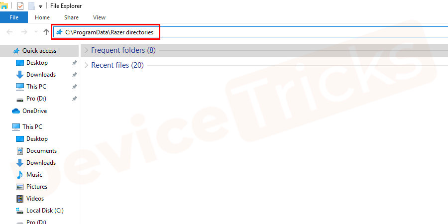 Press Windows + E to launch the file explorer again. Go to the following location: C:\ProgramData\Razer directories then delete all files