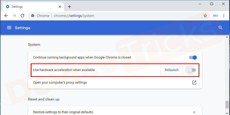Go to the System tab from the drop-down menu, and turn off the Use hardware acceleration when available setting.