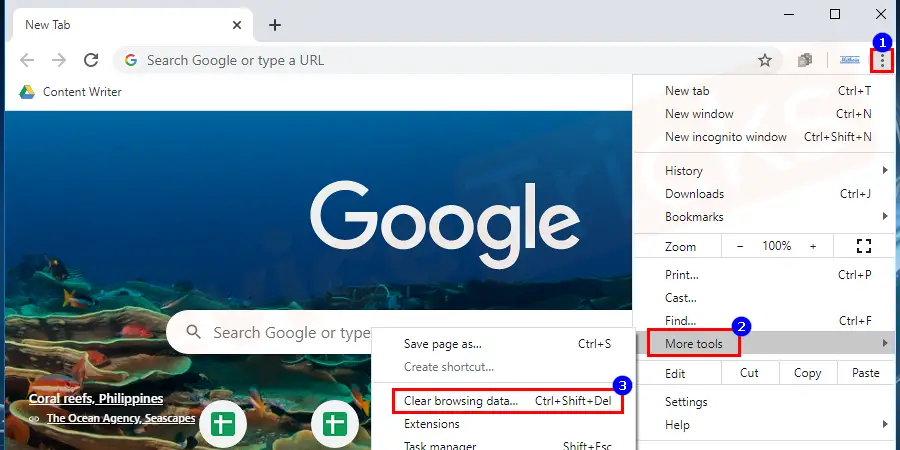 Open Google Chrome on your computer. Scroll down to More Tools and click on the Settings and then from the drop-down menu choose Clear Browsing Data.
