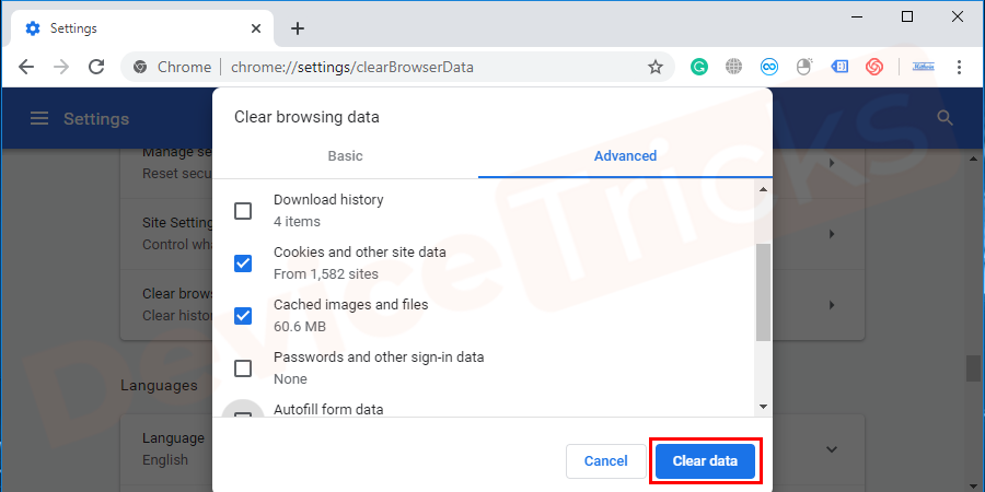 Clear Cached Data and Cookies