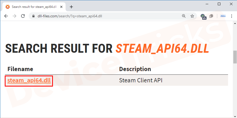 Thereafter, you will get the search result which will show the steam_api64.dll file and you need to select the version and then click on the file to download.