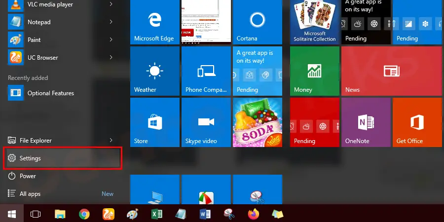Press the Start button. In the Start menu, you will get the Settings icon that is symbolized with a gear icon, click on it.