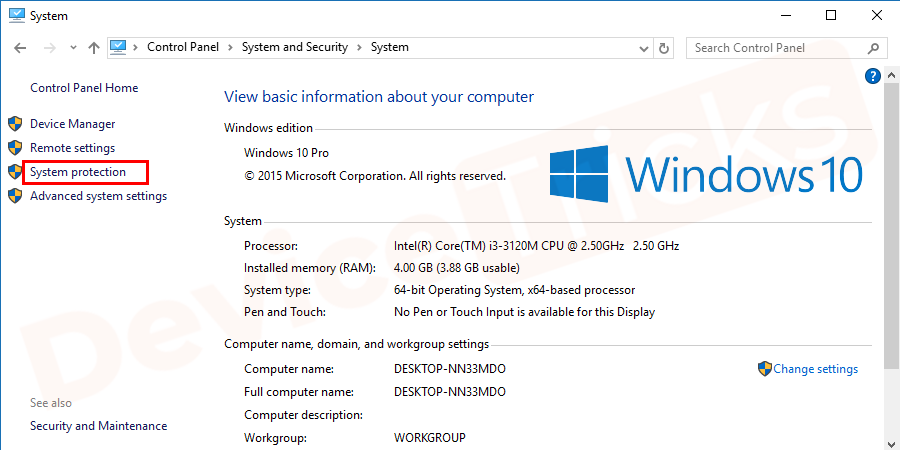 On the left panel select System Protection