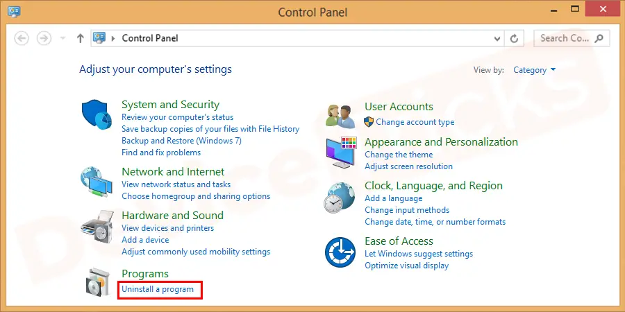 Soon, you will be directed to the Control Panel page and here you need to click on Uninstall a Program that is located beneath the Program section.