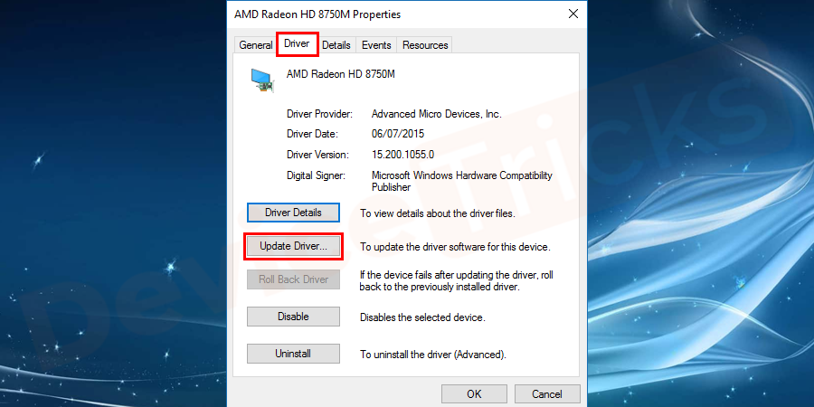 Soon, a new window will open and you need to click on the Driver tab that is located at the top of the menu. And then click on the Update Driver button.