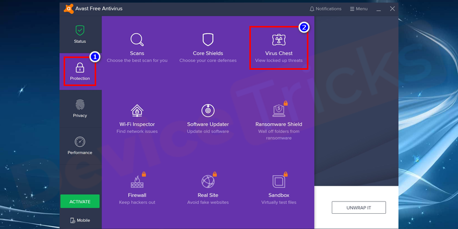   Navigate to the protection section and click on the virus chest option.