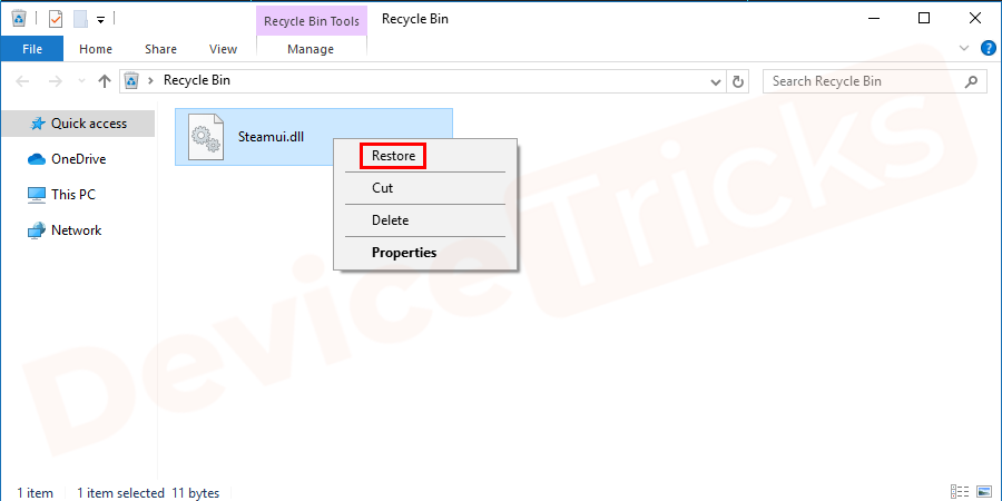 The easiest and quickest way is to restore the desired file from the Recycle Bin. Open the Recycle Bin on your desktop, and right-click the deleted file and choose Restore.