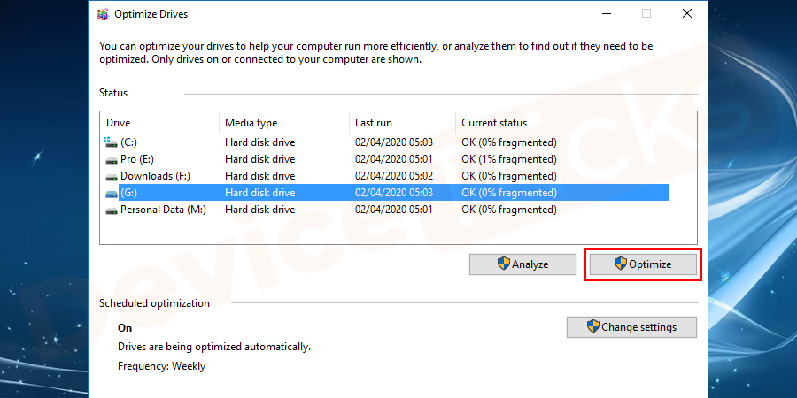 Select the drive that you need to defrag, and click Optimize and follow the on-screen wizard.