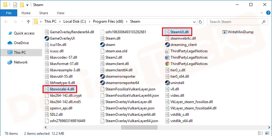 After reaching the folder, navigate for steamui.dll and libswscale-4.dll file, select them and further press the Shift and Delete button together to erase the file from your PC.