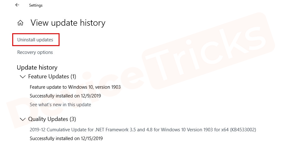 On the next page, you will get the details of the Windows Update, click on Uninstall Updates that is located at the top of the page.