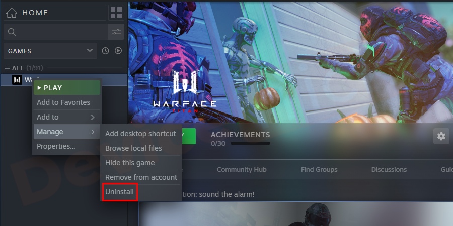 Now, select the game which is having a problem and then right-click on it to choose an option Uninstall.