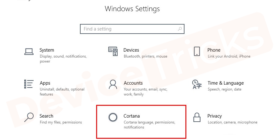 Thereafter, the Windows Settings page will open and here you need to select Cortana.