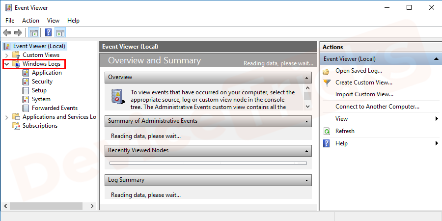 Soon, the Event Viewer window will open and at the left panel, you will get few options, select Windows Logo and then double click on it to expand the features.