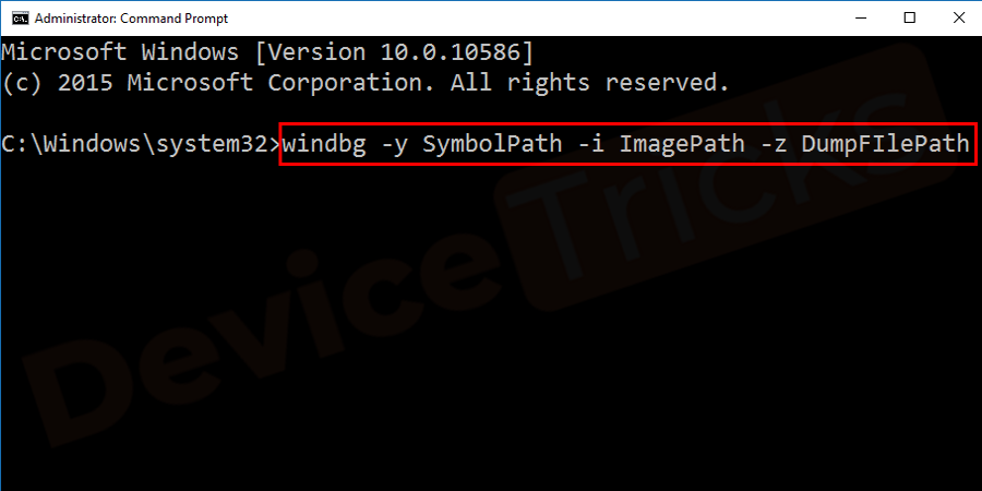 Now, type windbg –y SymbolPath –i ImagePath –z DumpFIlePath and then press Enter.