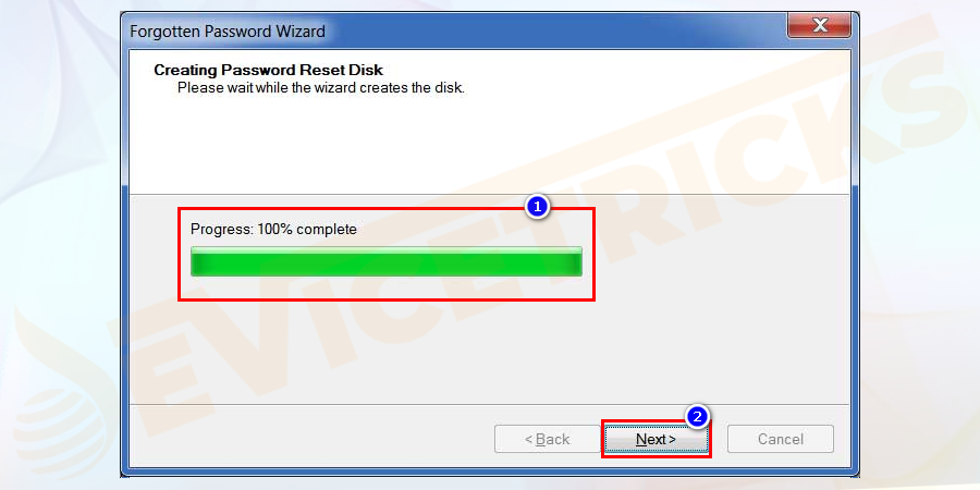 Click on the Next button once the progress bar reaches 100 %.