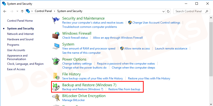 On the next window, select the backup and restore option.