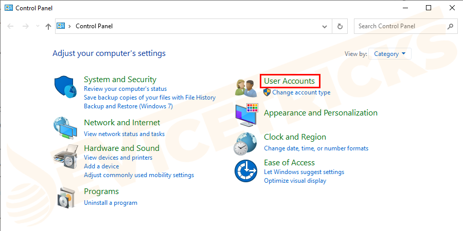 Open Control Panel and go to the User Accounts.