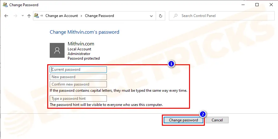 Enter the new password and click on the option Change password.