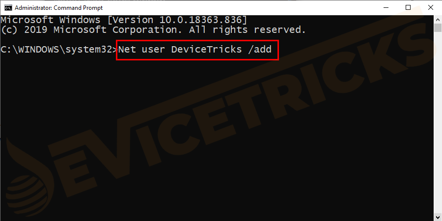Net user <username>/add click enter . 