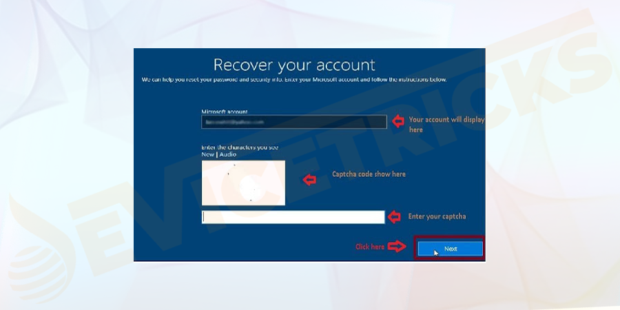 On the next screen, you can see the Microsoft account id and you have to write the characters seen in the image. Click on the Next button.